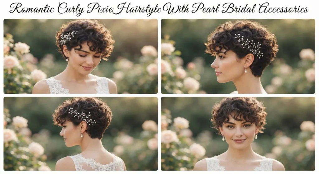 14 Stylish Wedding Hairstyles for Short Curly Hair 2 1. Romantic Curly Pixie Hairstyle With Pearl Bridal Accessories
