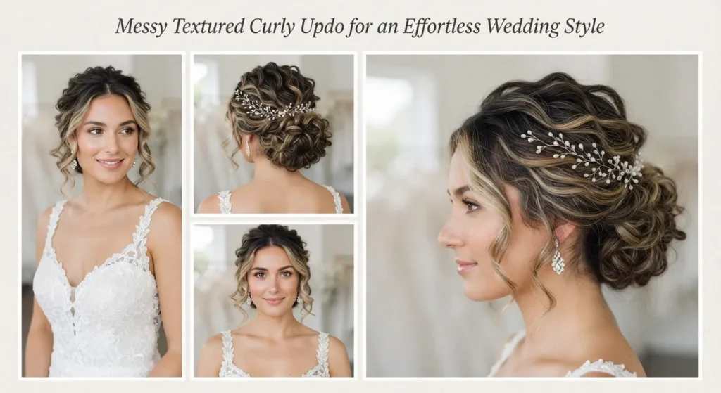 14 Stylish Wedding Hairstyles for Short Curly Hair 11 10. Messy Textured Curly Updo for an Effortless Wedding Style