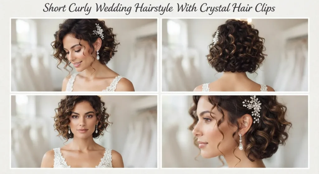 14 Stylish Wedding Hairstyles for Short Curly Hair 12 11. Short Curly Wedding Hairstyle With Crystal Hair Clips