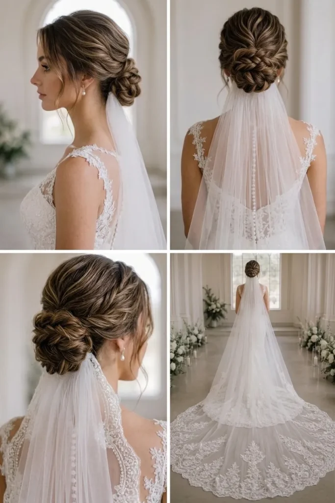 15 Messy Bun Wedding Hairstyles for Brides That Feel Relaxed 12 11. Tousled Nape Bun With a Cathedral Veil