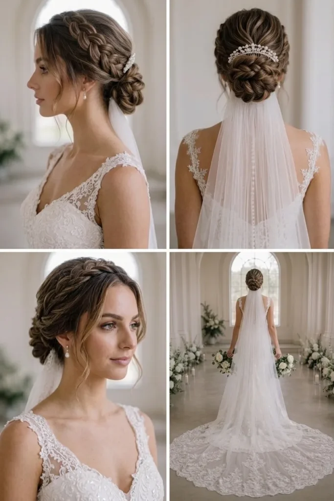 15 Messy Bun Wedding Hairstyles for Brides That Feel Relaxed 13 12. Crown Braided Messy Bun Wedding Hairstyle