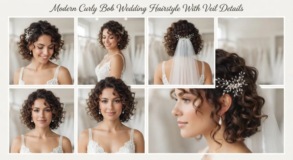 14 Stylish Wedding Hairstyles for Short Curly Hair 14 13. Modern Curly Bob Wedding Hairstyle With Veil Details