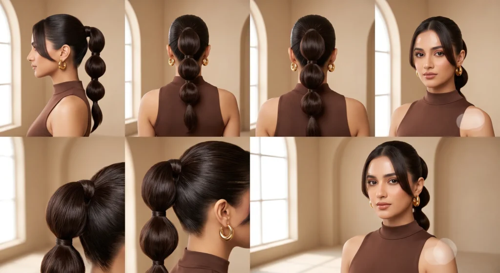 19 Beautiful Wedding Hairstyles for Long Layered Hair That Flow 14 13. Polished Bubble Ponytail with Layered Volume