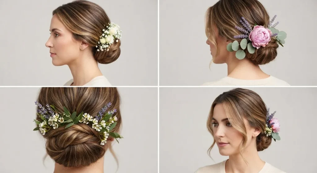 14. Floral Chignon for a Soft Romantic Look