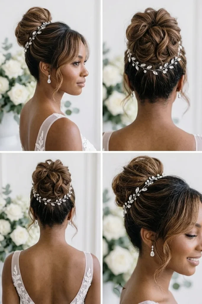 15 Messy Bun Wedding Hairstyles for Brides That Feel Relaxed 15 14. Voluminous Messy Bun With Crystal Hair Vine