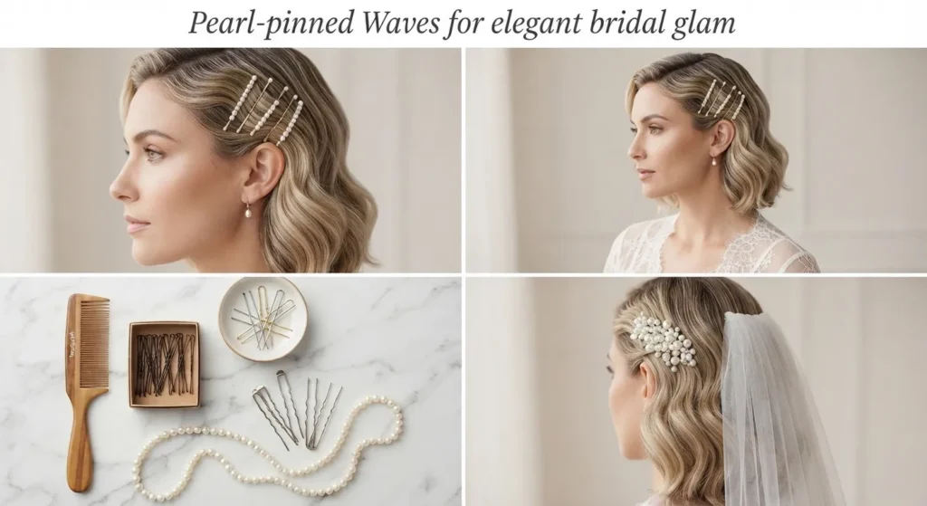 15. Pearl Pinned Waves for Elegant Bridal Glam
