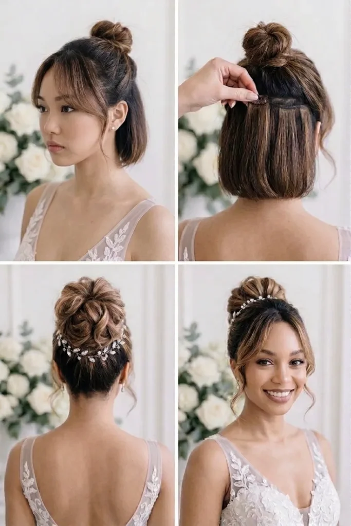15 Messy Bun Wedding Hairstyles for Brides That Feel Relaxed 16 15. Short Hair Messy Bun With Hidden Extensions