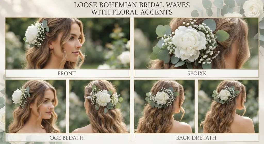 18 Elegant Wedding Hairstyles for Brides with Long Hair That Feel Dreamy 3 2. Loose Bohemian Bridal Waves with Floral Accents