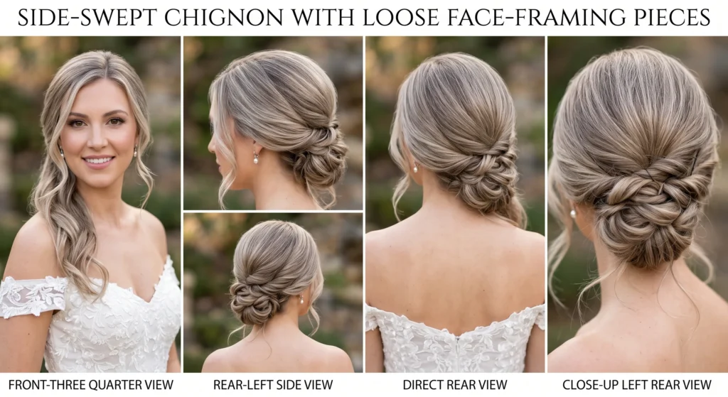 2. Side Swept Chignon With Loose Face Framing Pieces