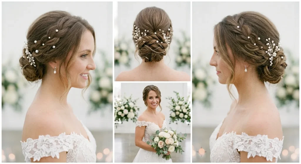 15 Messy Bun Wedding Hairstyles for Brides That Feel Relaxed 4 3. Loose Braided Messy Bun With Pearl Pins