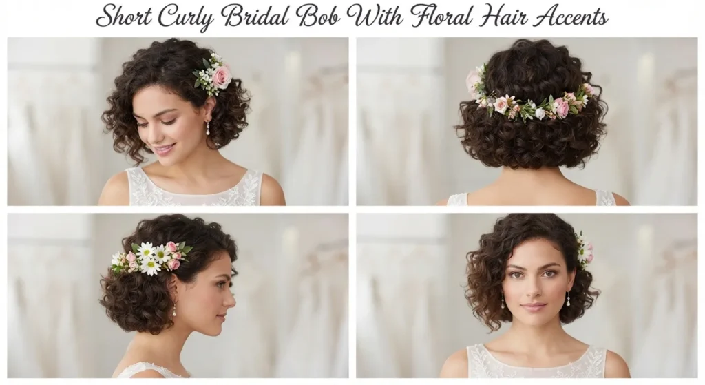 14 Stylish Wedding Hairstyles for Short Curly Hair 4 3. Short Curly Bridal Bob With Floral Hair Accents