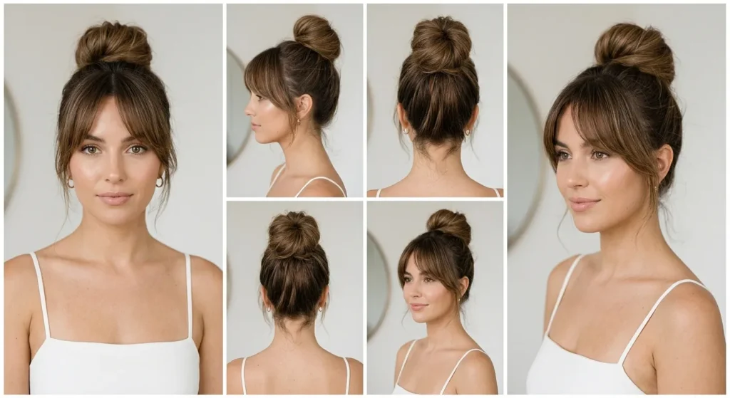 15 Messy Bun Wedding Hairstyles for Brides That Feel Relaxed 5 4. Airy High Messy Bun With Wispy Front Pieces