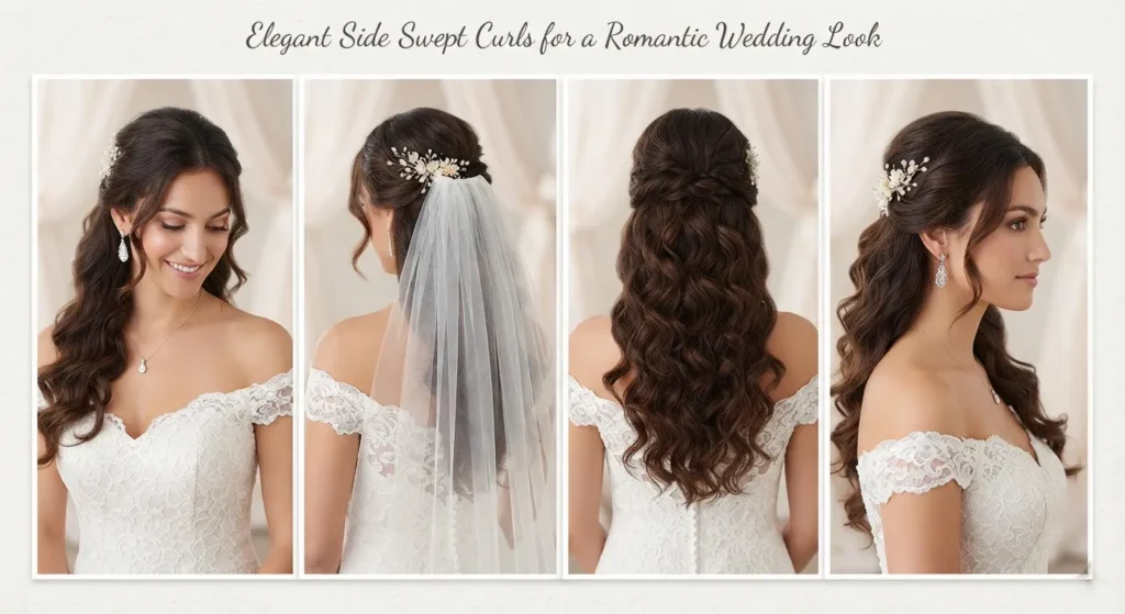 14 Stylish Wedding Hairstyles for Short Curly Hair 5 4. Elegant Side Swept Curls for a Romantic Wedding Look