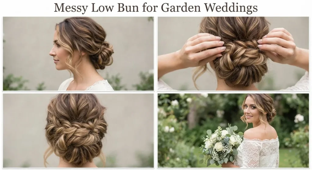 4. Messy Low Bun for Garden Weddings