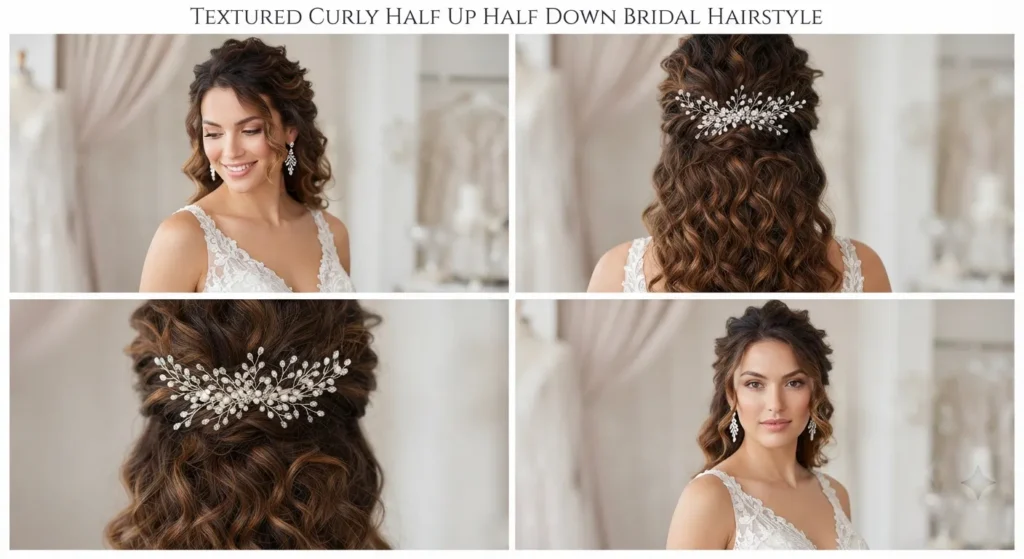 14 Stylish Wedding Hairstyles for Short Curly Hair 6 5. Textured Curly Half Up Half Down Bridal Hairstyle