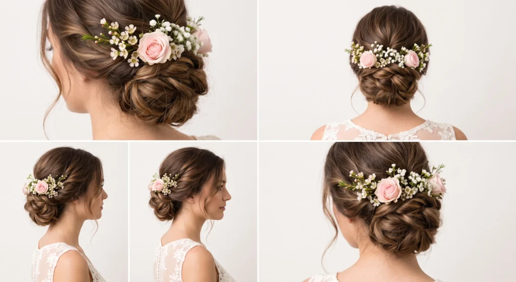 15 Messy Bun Wedding Hairstyles for Brides That Feel Relaxed 6 5. Twisted Low Messy Bun With Fresh Flowersjpg