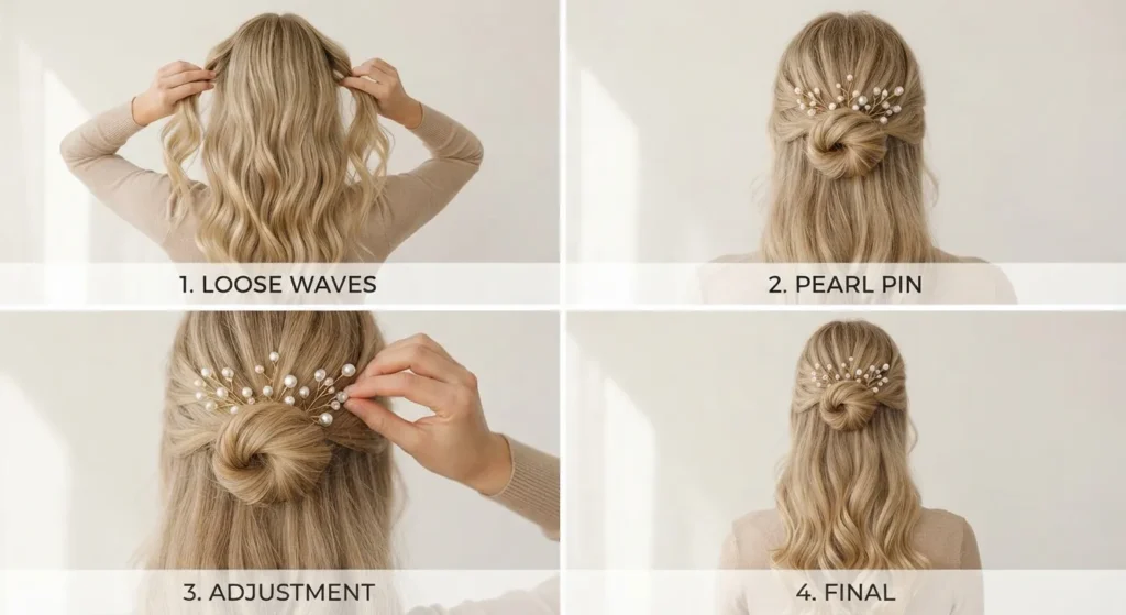 18 Elegant Wedding Hairstyles for Brides with Long Hair That Feel Dreamy 6 5.Textured Low Knot with Pearl Pins