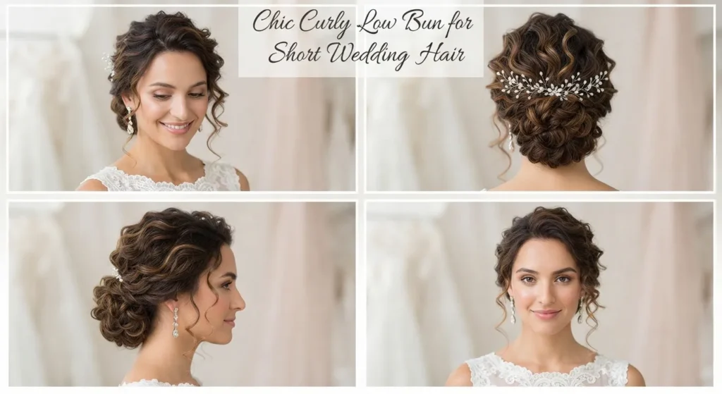 14 Stylish Wedding Hairstyles for Short Curly Hair 7 6. Chic Curly Low Bun for Short Wedding Hair