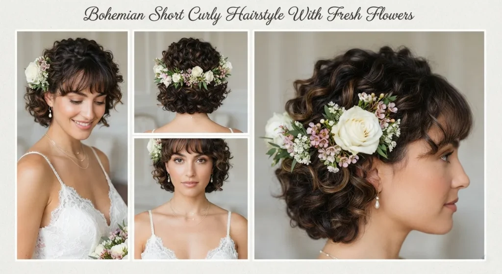 14 Stylish Wedding Hairstyles for Short Curly Hair 8 7. Bohemian Short Curly Hairstyle With Fresh Flowers