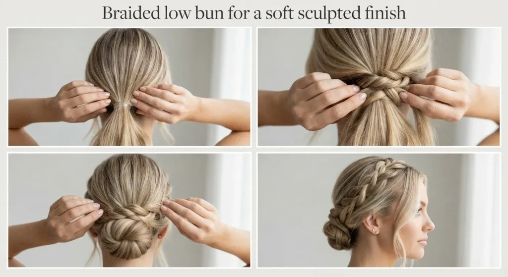 7. Braided Low Bun for a Soft Sculpted Finish