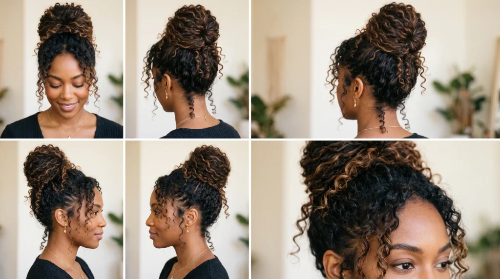 15 Messy Bun Wedding Hairstyles for Brides That Feel Relaxed 8 7. Curly Messy Bun With Natural Face Framing Spirals 1