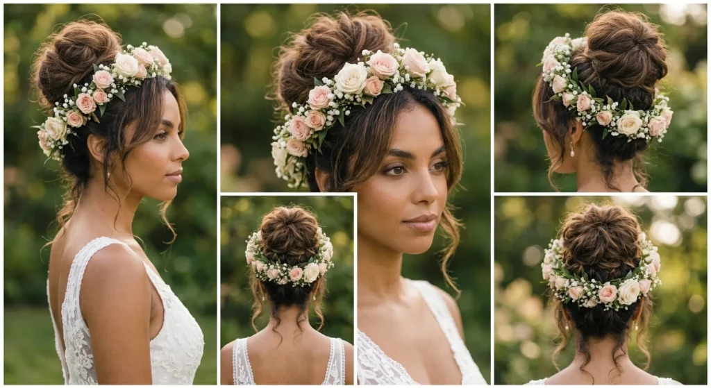 15 Messy Bun Wedding Hairstyles for Brides That Feel Relaxed 9 8. Boho Messy Bun With a Delicate Floral Crown