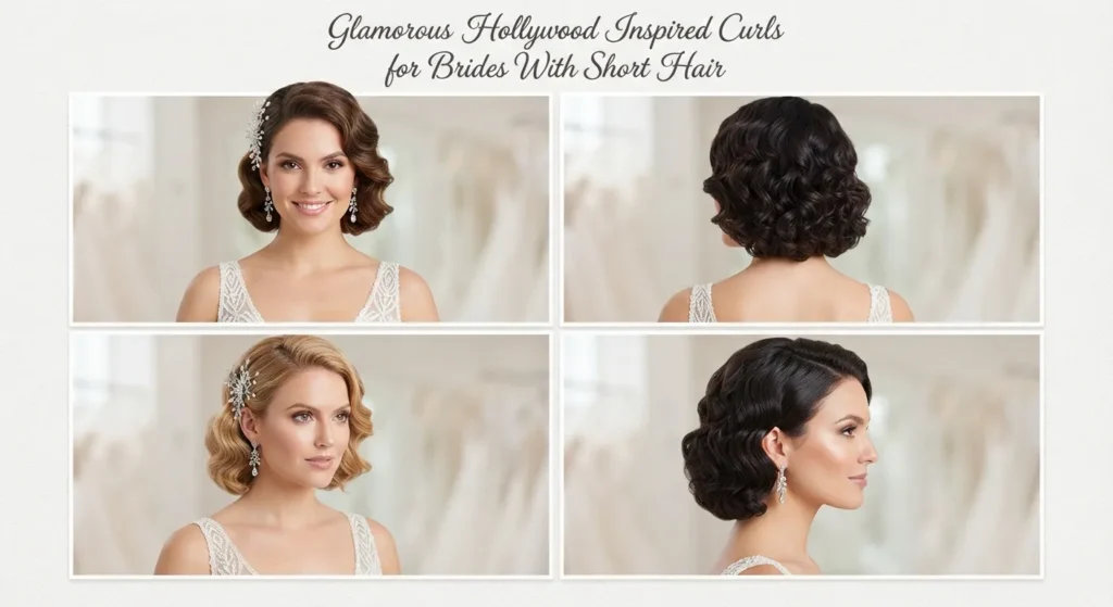 14 Stylish Wedding Hairstyles for Short Curly Hair 9 8. Glamorous Hollywood Inspired Curls for Brides With Short Hair