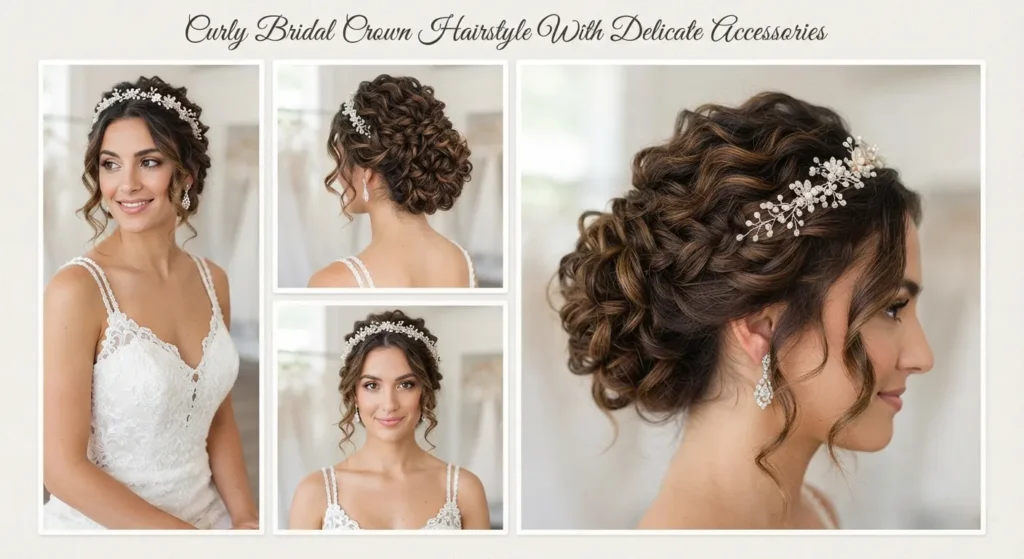 14 Stylish Wedding Hairstyles for Short Curly Hair 10 9. Curly Bridal Crown Hairstyle With Delicate Accessories