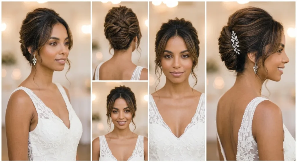 15 Messy Bun Wedding Hairstyles for Brides That Feel Relaxed 10 9. French Twist Inspired Messy Bridal Bun 1
